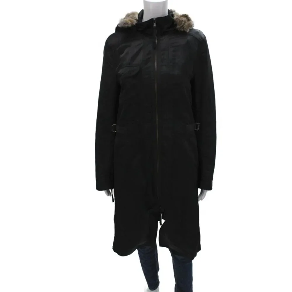 Theory Womens Parka Black High Neck Buckle Solid Army Size L